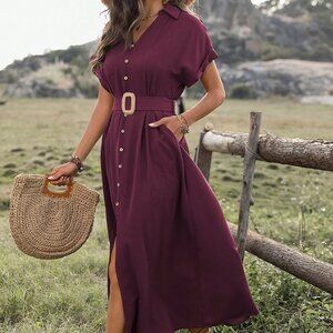 Red Violet Casual Women's Belted Short Sleeve Button Down Maxi Dress